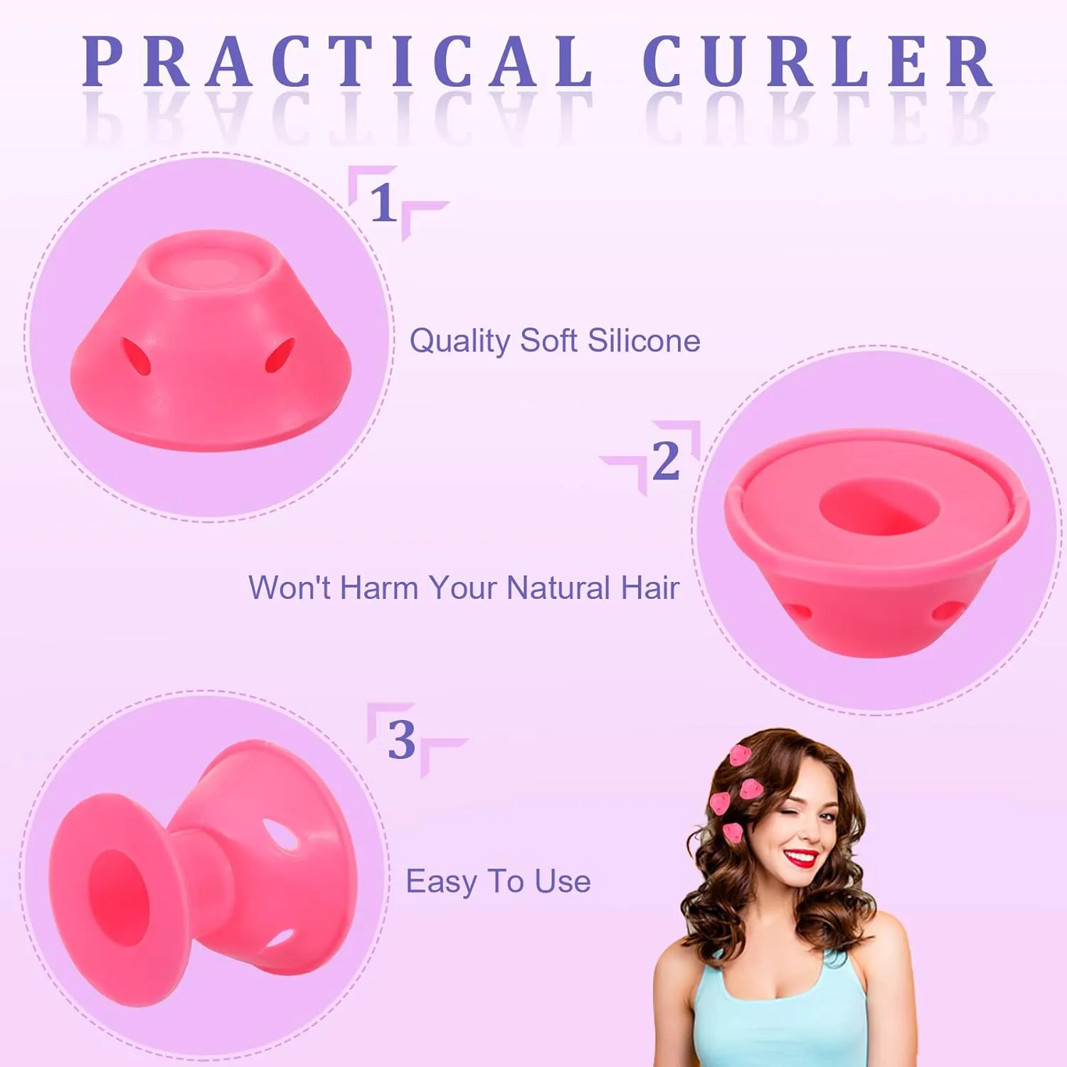 JULBEAR Heatless Silicone Hair Curling Rod Set for Women and Girls - 60 Pcs Pink Magic Rollers with Headband, 2 Combs, Large and Small Curlers for Long and Short Hair