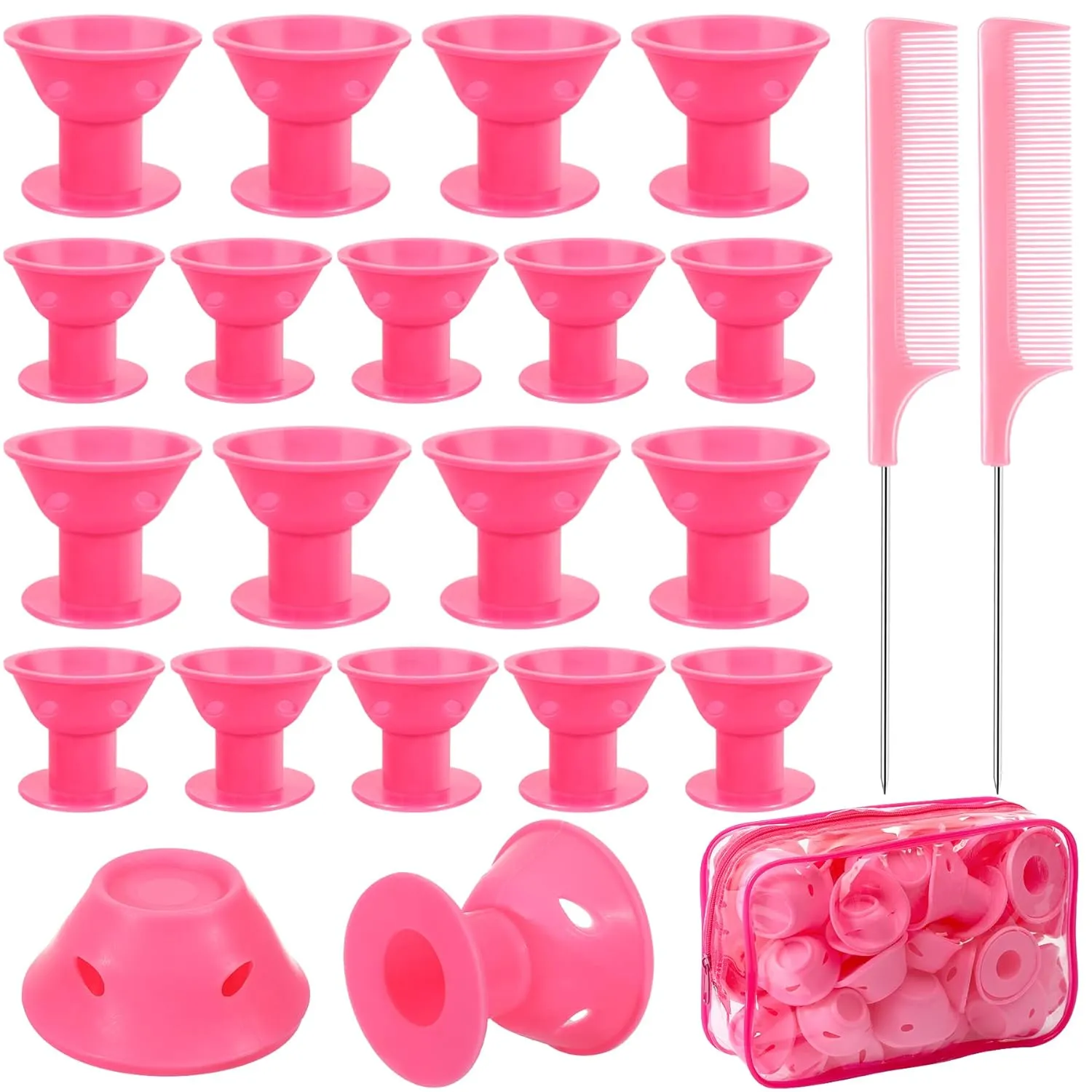 JULBEAR Heatless Silicone Hair Curling Rod Set for Women and Girls - 60 Pcs Pink Magic Rollers with Headband, 2 Combs, Large and Small Curlers for Long and Short Hair