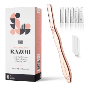Jungle Culture Dermaplaning Tool – Facial Razor for Women with 5 Refill Blades – Reusable Eyebrow Shaper & Exfoliator – Rose Gold