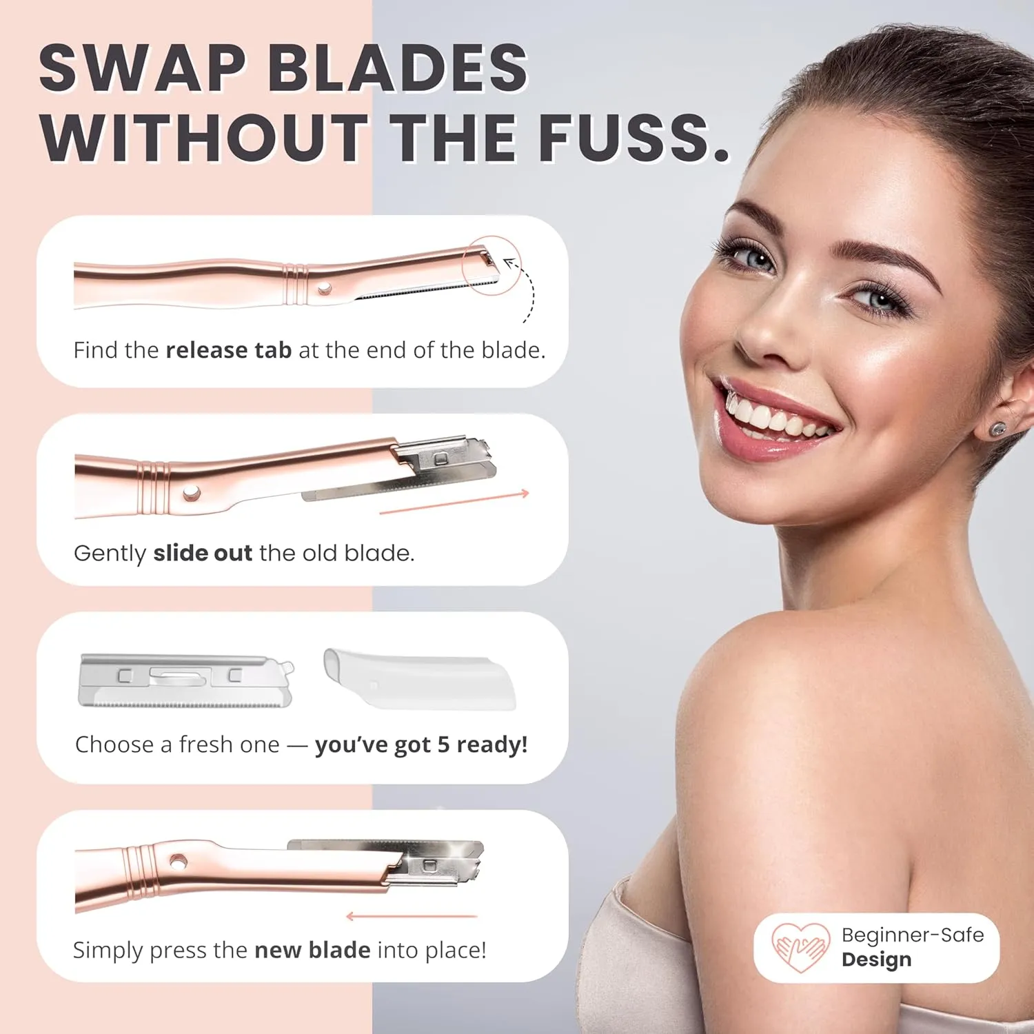 Jungle Culture Dermaplaning Tool – Facial Razor for Women with 5 Refill Blades – Reusable Eyebrow Shaper & Exfoliator – Rose Gold