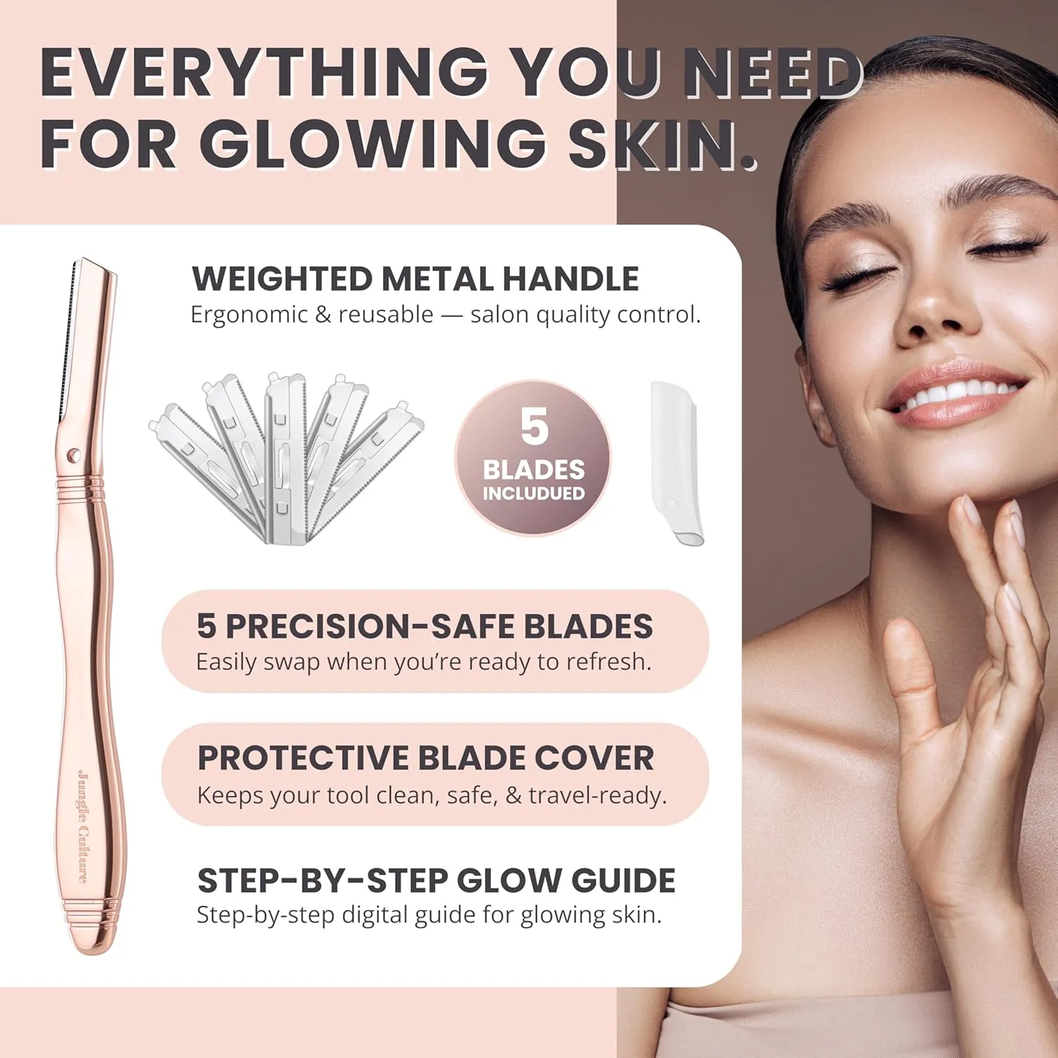 Jungle Culture Dermaplaning Tool – Facial Razor for Women with 5 Refill Blades – Reusable Eyebrow Shaper & Exfoliator – Rose Gold
