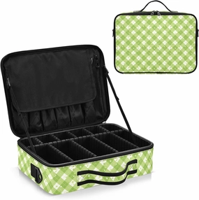 junzan Gingham Floral Large Makeup Organizer Bag Travel Makeup Train Case Flat Make Up Artist Case with Dividers and Adjustable Strap Neon Yellow