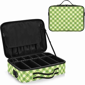 junzan Gingham Large Makeup Organizer Bag Travel Makeup Train Case Flat Make Up Artist Case with Dividers and Adjustable Strap Neon Green