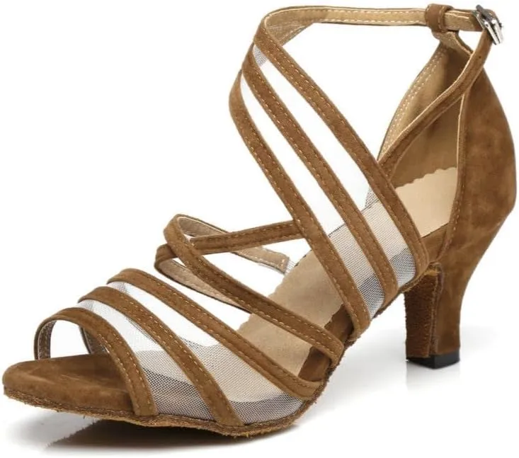 JUODVMP Women's Mesh Stitched Ultrasuede Open Toe Slanted Ankle Strap Ballroom Latin Salsa Performence Shoes Model FT027