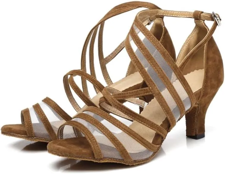 JUODVMP Women's Mesh Stitched Ultrasuede Open Toe Slanted Ankle Strap Ballroom Latin Salsa Performence Shoes Model FT027