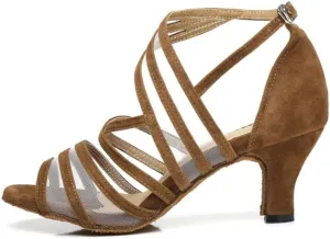 JUODVMP Women's Mesh Stitched Ultrasuede Open Toe Slanted Ankle Strap Ballroom Latin Salsa Performence Shoes Model FT027