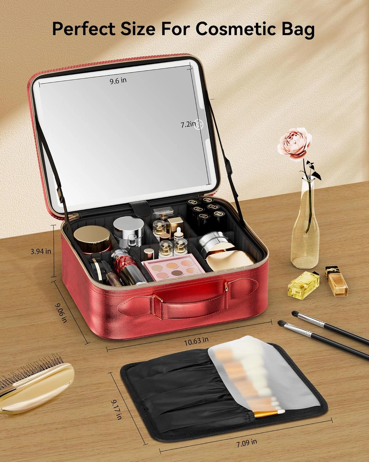 JUSRON Travel Makeup Bag (Red, Medium)