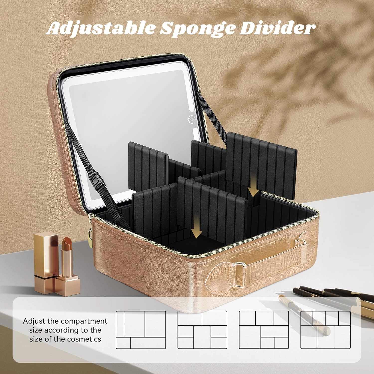 JUSRON Travel Makeup Bag With LED Mirror, Cosmetic Train Case with Light up Mirror, Portable Makeup Artist Organizer Bag with Adjustable Dividers, Makeup Brush Holder Storage (Rose Gold, Medium)