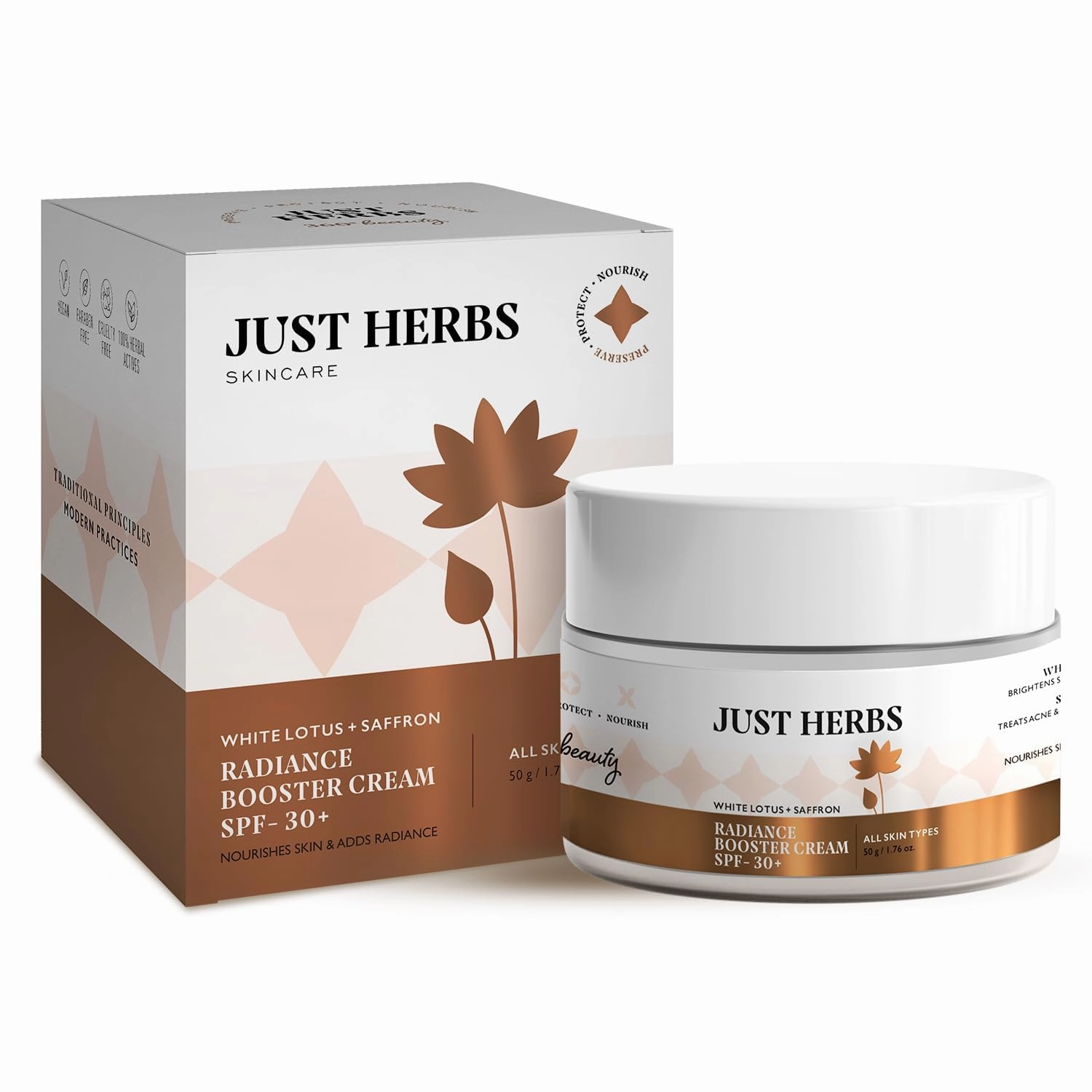 Just Herbs Saffron   White Lotus Radiance Booster Cream with SPF 30  for Brighter Complexion | For Men & Women- 50g