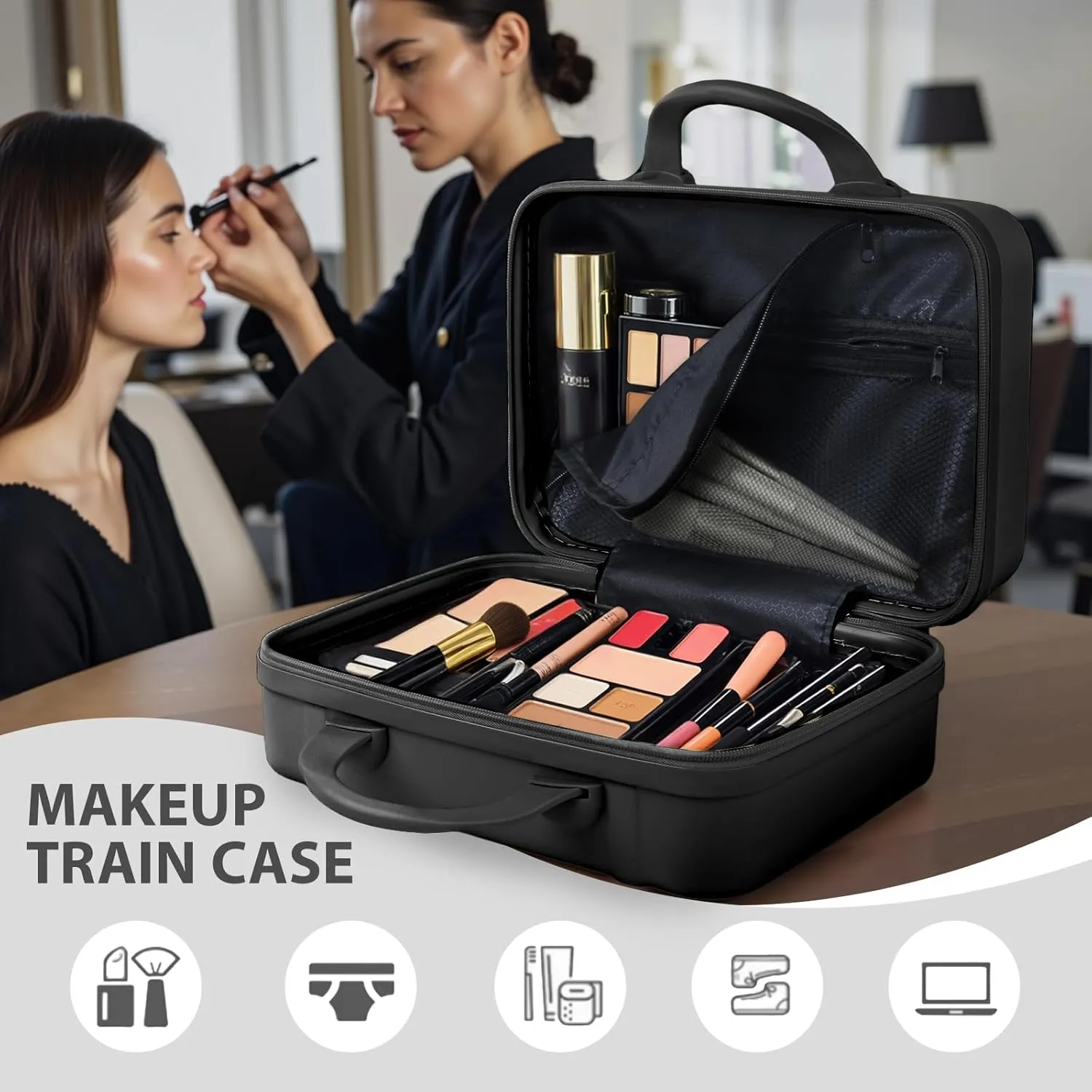 JZRSuitcase 13 Inch Hard Shell Portable Makeup Case Travel Cosmetic Organizer with Elastic Bands, Mini Carry-On ABS Toiletry Bag for Women