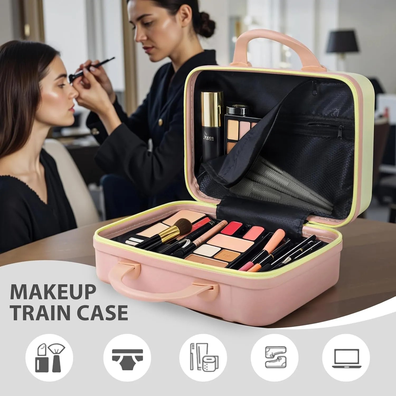JZRSuitcase 13 Inch Hard Shell Portable Makeup Case Travel Cosmetic Organizer with Elastic Bands, Mini Carry-On ABS Toiletry Bag for Women