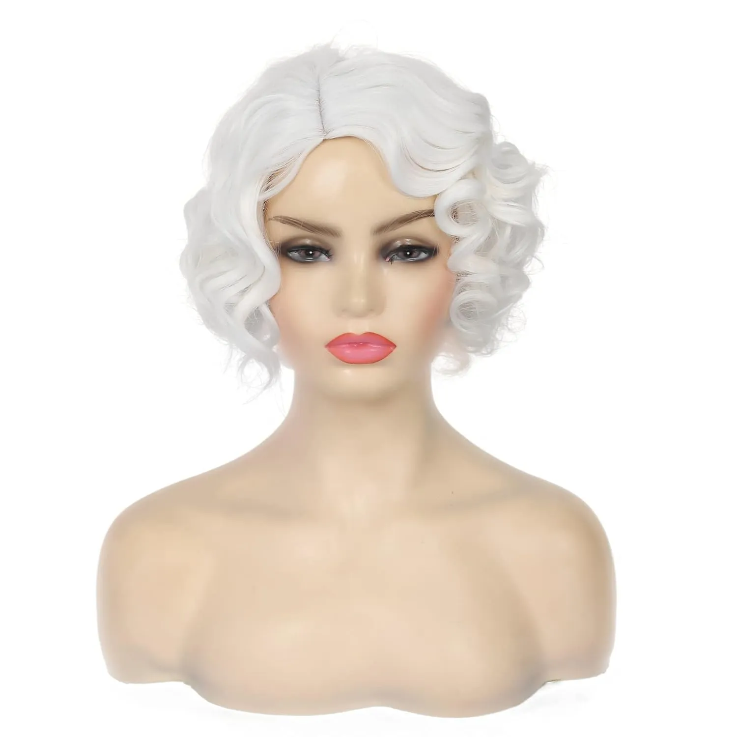 Kaneles Short White Curly Wig Finger Wave Synthetic Hair for Women 1920s Halloween Cosplay Costume Party Come with Wig Cap (White)