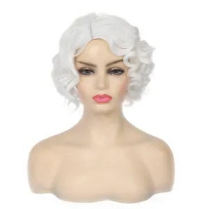 Kaneles Short White Curly Wig Finger Wave Synthetic Hair for Women 1920s Halloween Cosplay Costume Party Come with Wig Cap (White)