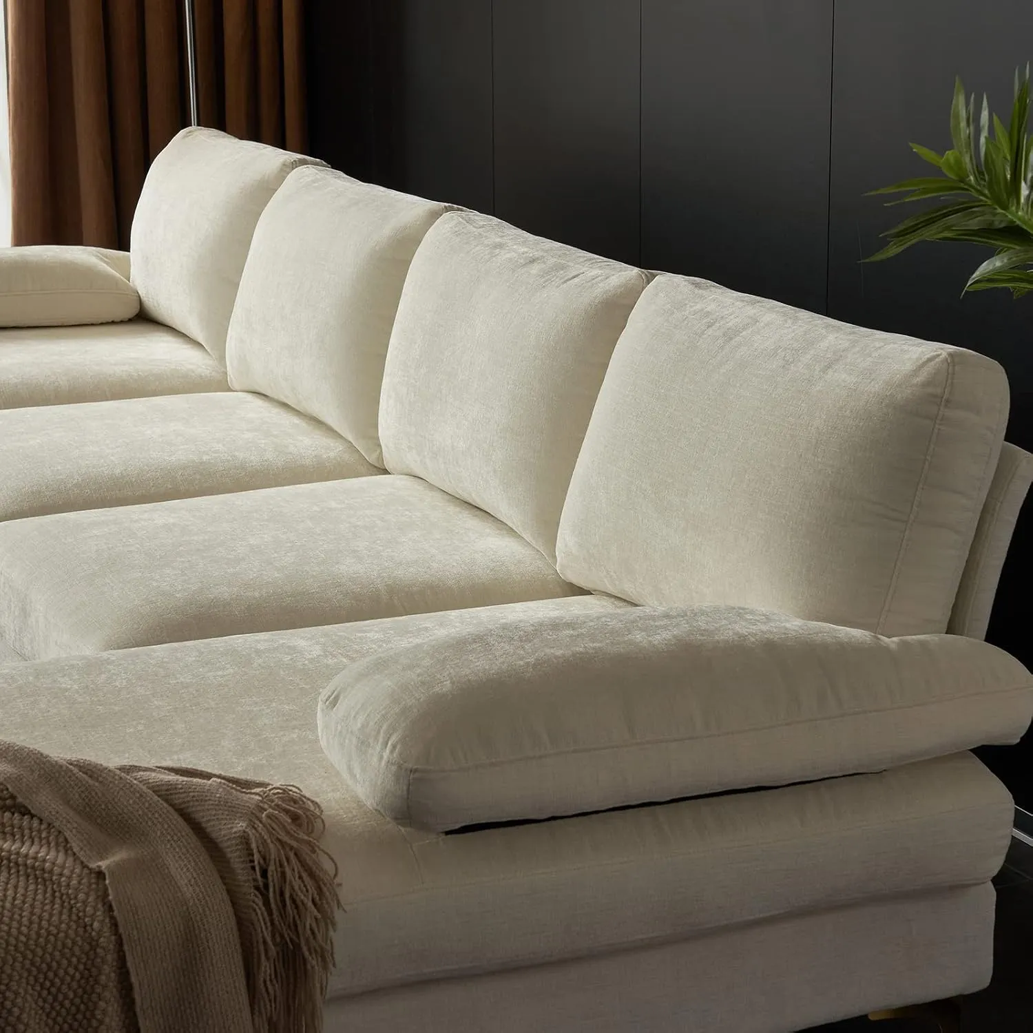 Karl home Convertible Sectional Sofa 110" U-Shape Sofa Couch 4-Seat Couch with Chaise ChenilleFabric Upholstered for Living Room, Apartment, Office, Creamy White