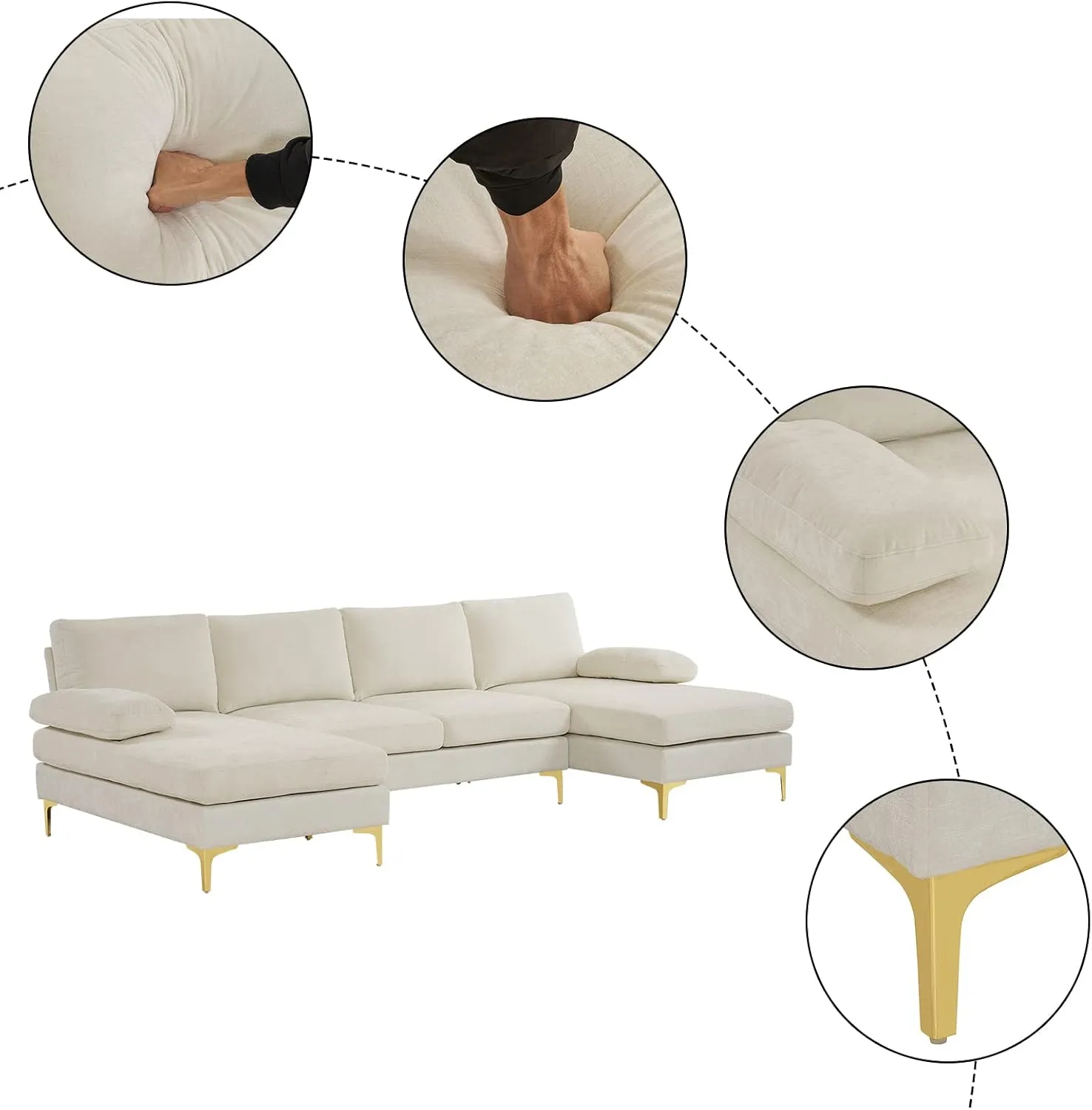 Karl home Convertible Sectional Sofa 110" U-Shape Sofa Couch 4-Seat Couch with Chaise ChenilleFabric Upholstered for Living Room, Apartment, Office, Creamy White