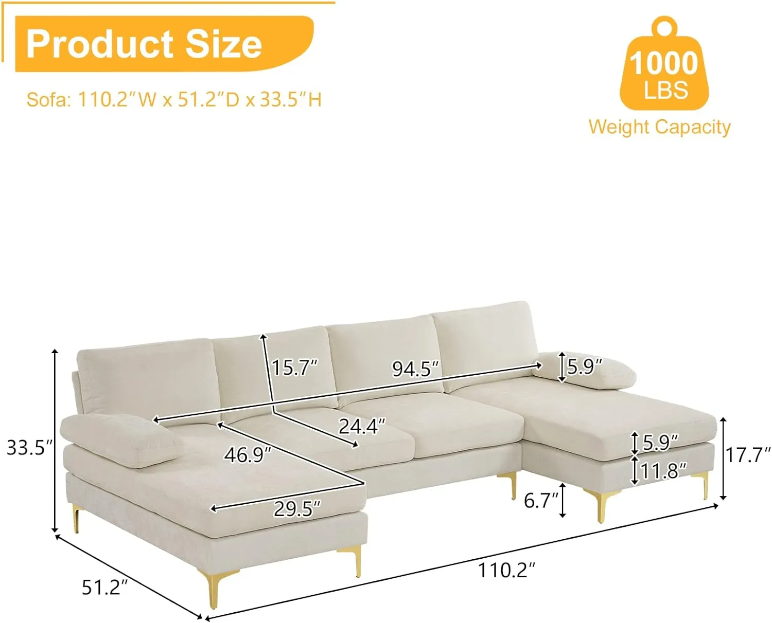 Karl home Convertible Sectional Sofa 110" U-Shape Sofa Couch 4-Seat Couch with Chaise ChenilleFabric Upholstered for Living Room, Apartment, Office, Creamy White