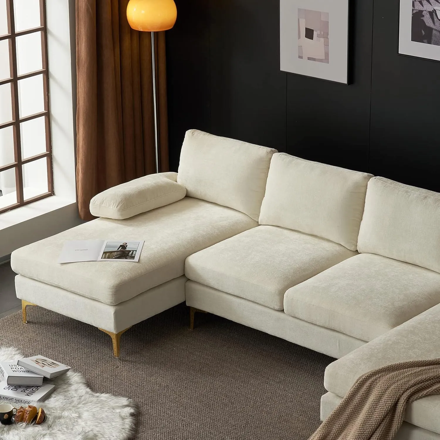 Karl home Convertible Sectional Sofa 110" U-Shape Sofa Couch 4-Seat Couch with Chaise ChenilleFabric Upholstered for Living Room, Apartment, Office, Creamy White