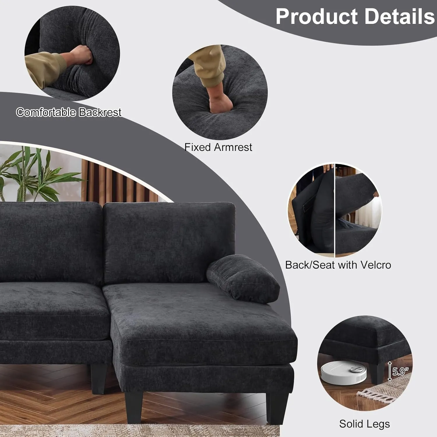 Karl home U-Shape Sectional Sofa Couch 111" Modern 4-Seat Sofa with Chaises Chenille Fabric Upholstered Covertible Couch with Wood Grain Legs for Living Room, Reception Room, Apartment, Black