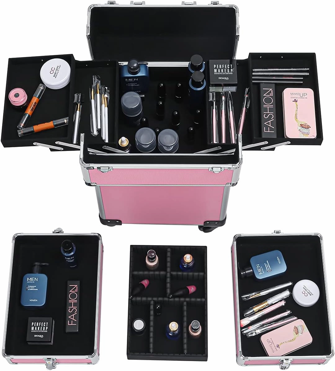 Karl home 4 in 1 Makeup Train Case Rolling Cosmetic Trolley Large Capacity Travel Organizer with Key 360°Swivel Wheels for Beauticians Hairstylists Nail Tech Students, Pink