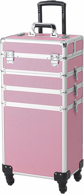 Karl home 4 in 1 Makeup Train Case Rolling Cosmetic Trolley Large Capacity Travel Organizer with Key 360°Swivel Wheels for Beauticians Hairstylists Nail Tech Students, Pink