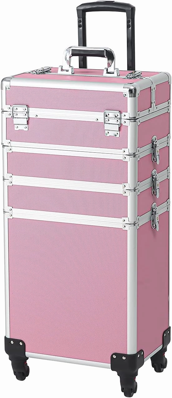 Karl home 4 in 1 Makeup Train Case Rolling Cosmetic Trolley Large Capacity Travel Organizer with Key 360°Swivel Wheels for Beauticians Hairstylists Nail Tech Students, Pink