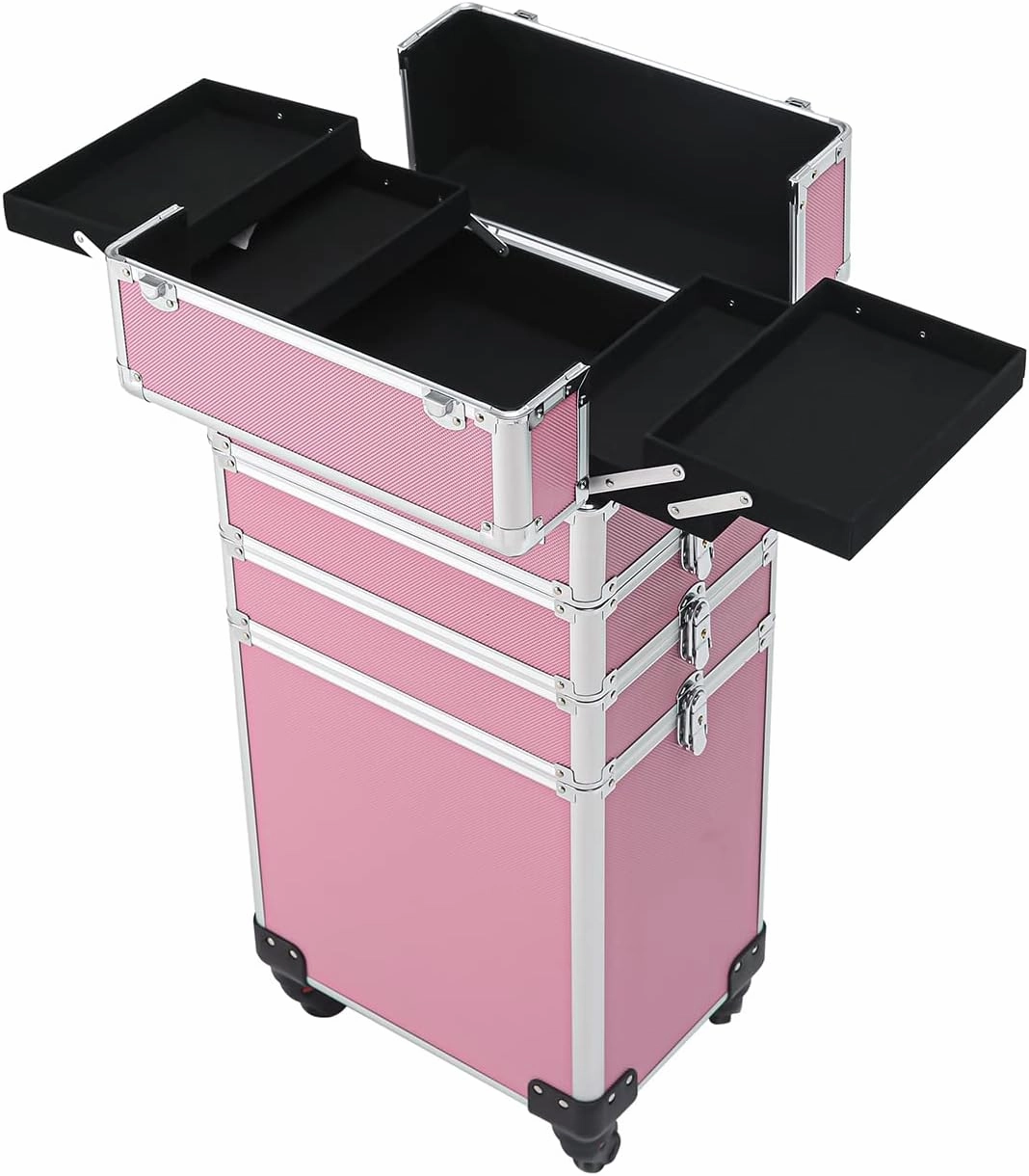 Karl home 4 in 1 Makeup Train Case Rolling Cosmetic Trolley Large Capacity Travel Organizer with Key 360°Swivel Wheels for Beauticians Hairstylists Nail Tech Students, Pink
