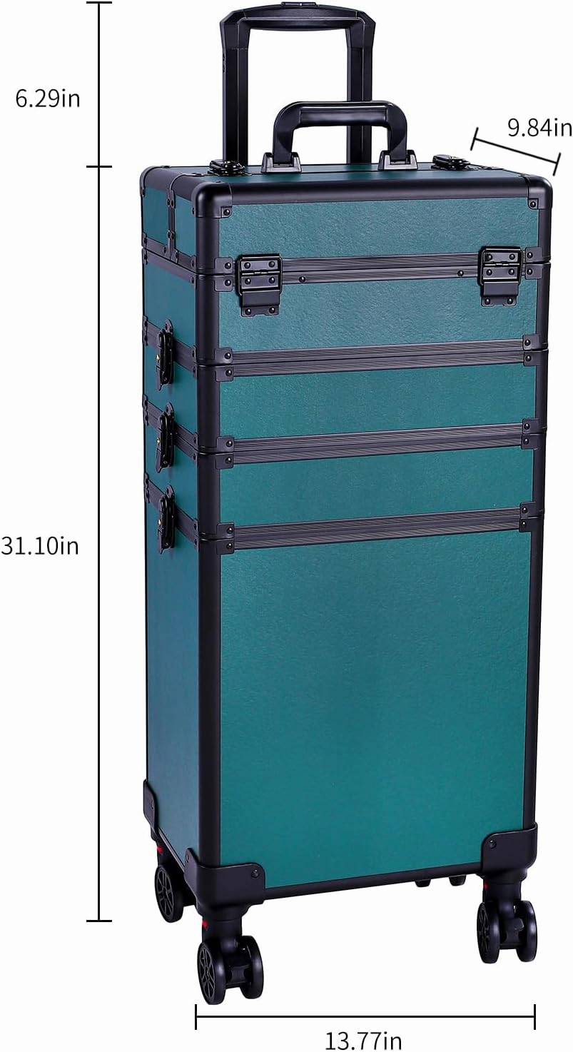 Karl home 4 in 1 Makeup Train Case Rolling Cosmetic Trolley Large Capacity Travel Organizer with Key 360°Swivel Wheels Suitcase for Beauticians Hairstylists Nail Tech Students,Dark Green