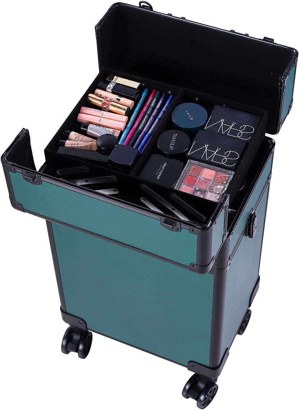 Karl home 4 in 1 Makeup Train Case Rolling Cosmetic Trolley Large Capacity Travel Organizer with Key 360°Swivel Wheels Suitcase for Beauticians Hairstylists Nail Tech Students,Dark Green