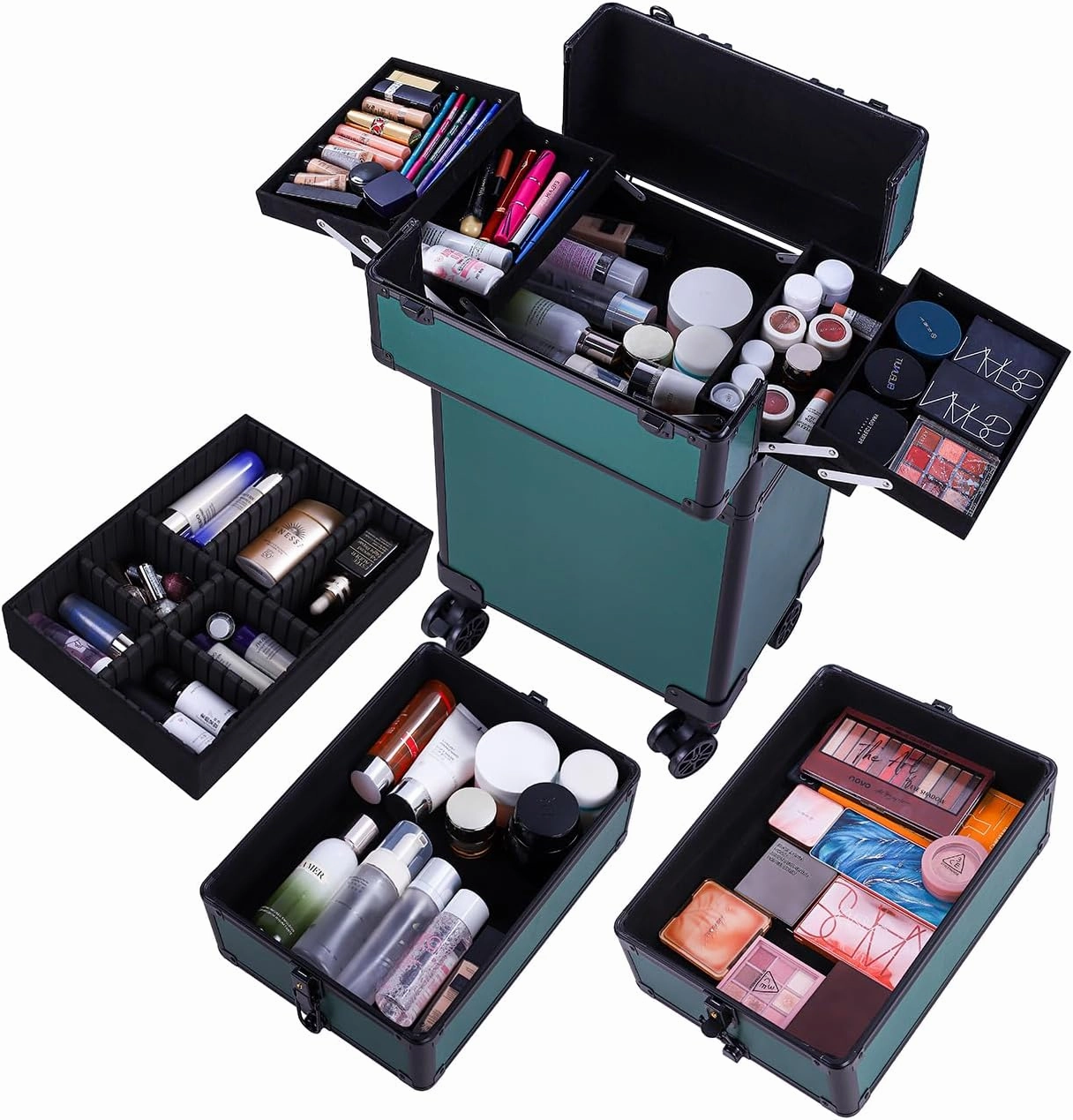 Karl home 4 in 1 Makeup Train Case Rolling Cosmetic Trolley Large Capacity Travel Organizer with Key 360°Swivel Wheels Suitcase for Beauticians Hairstylists Nail Tech Students,Dark Green