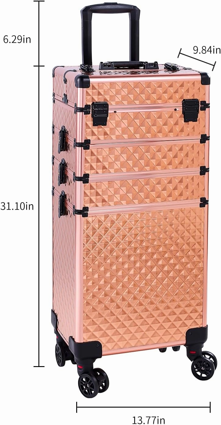 Karl home 4 in 1 Makeup Train Case Rolling Cosmetic Trolley Large Capacity Travel Organizer with Key 360°Swivel Wheels Suitcase for Beauticians Hairstylists Nail Tech Students, Rose Gold