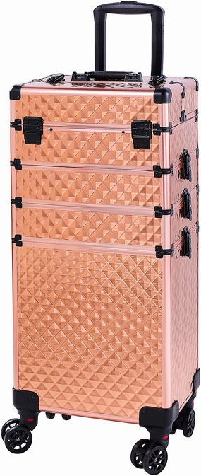 Karl home 4 in 1 Makeup Train Case Rolling Cosmetic Trolley Large Capacity Travel Organizer with Key 360°Swivel Wheels Suitcase for Beauticians Hairstylists Nail Tech Students, Rose Gold