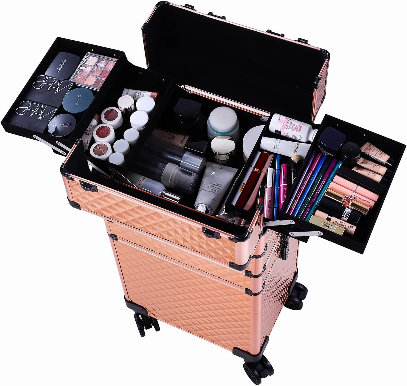 Karl home 4 in 1 Makeup Train Case Rolling Cosmetic Trolley Large Capacity Travel Organizer with Key 360°Swivel Wheels Suitcase for Beauticians Hairstylists Nail Tech Students, Rose Gold