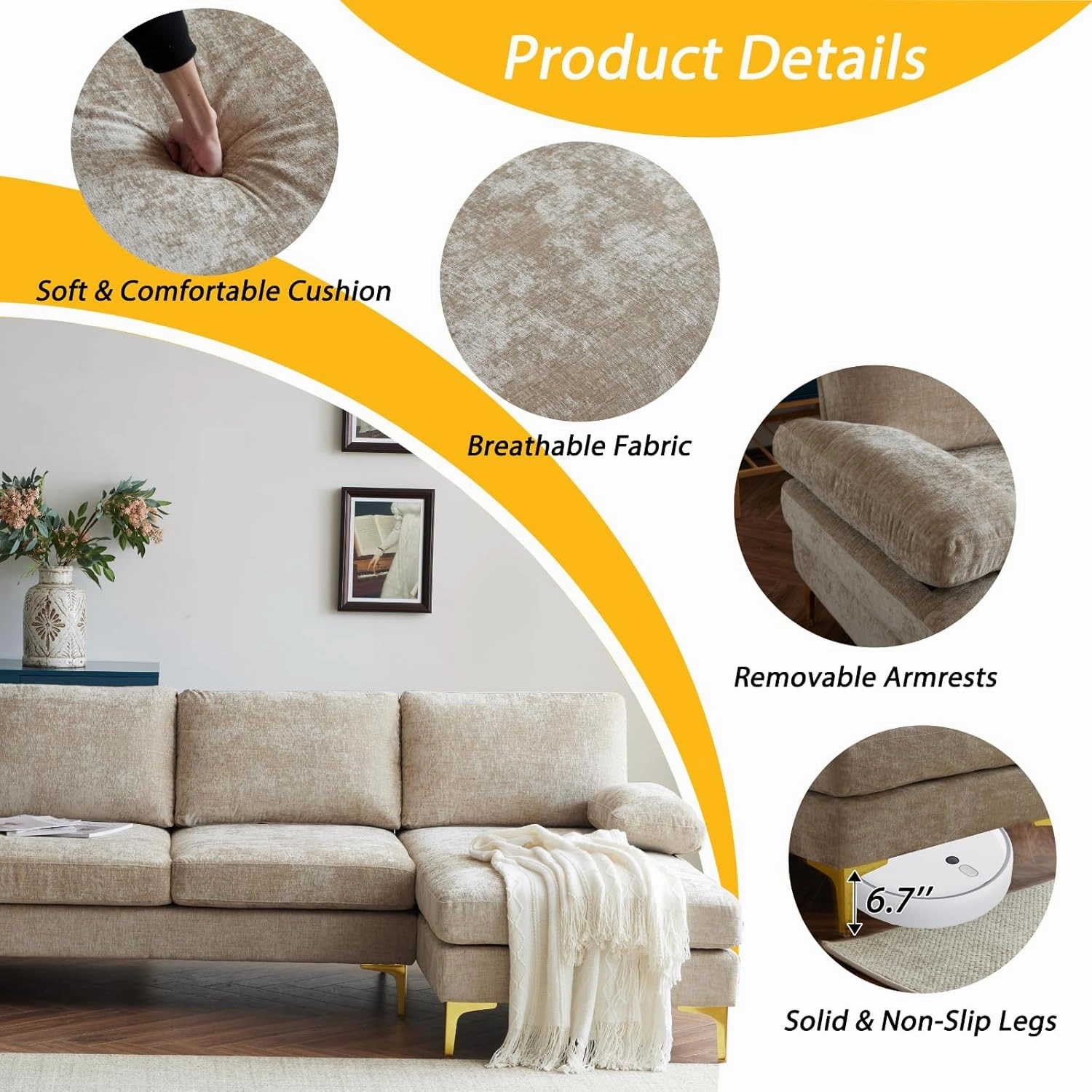 Karl home Convertible Sectional Sofa 110" U-Shape Sofa Couch 4-Seat Couch with Chaise ChenilleFabric Upholstered for Living Room, Apartment, Office, Camel