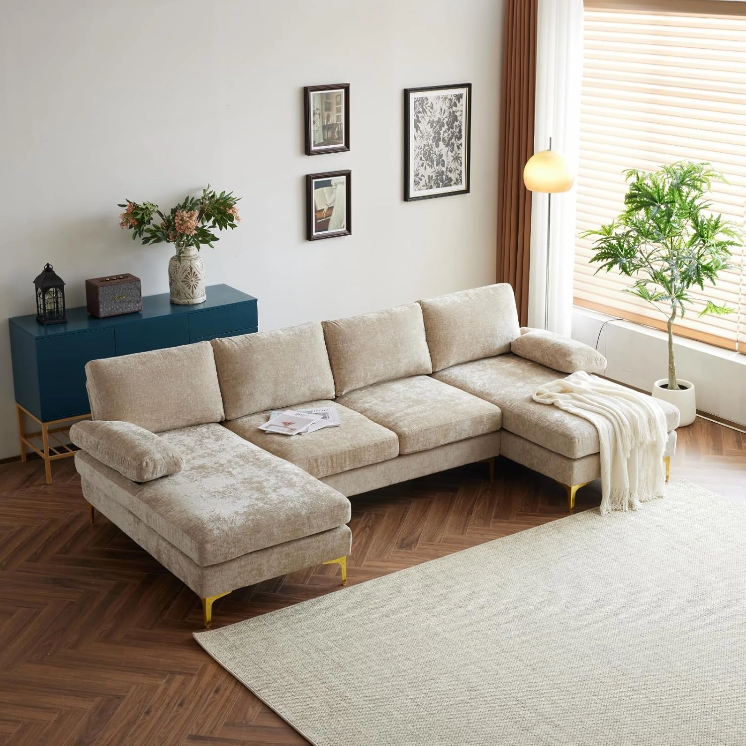 Karl home Convertible Sectional Sofa 110" U-Shape Sofa Couch 4-Seat Couch with Chaise ChenilleFabric Upholstered for Living Room, Apartment, Office, Camel