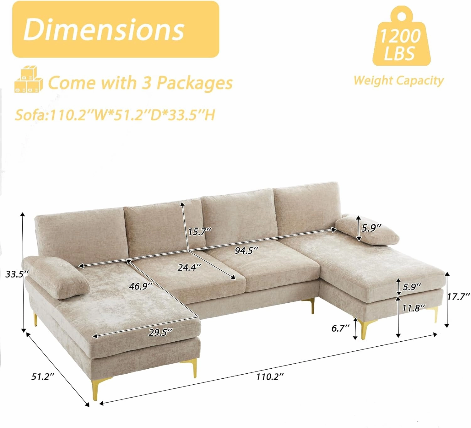 Karl home Convertible Sectional Sofa 110" U-Shape Sofa Couch 4-Seat Couch with Chaise ChenilleFabric Upholstered for Living Room, Apartment, Office, Camel