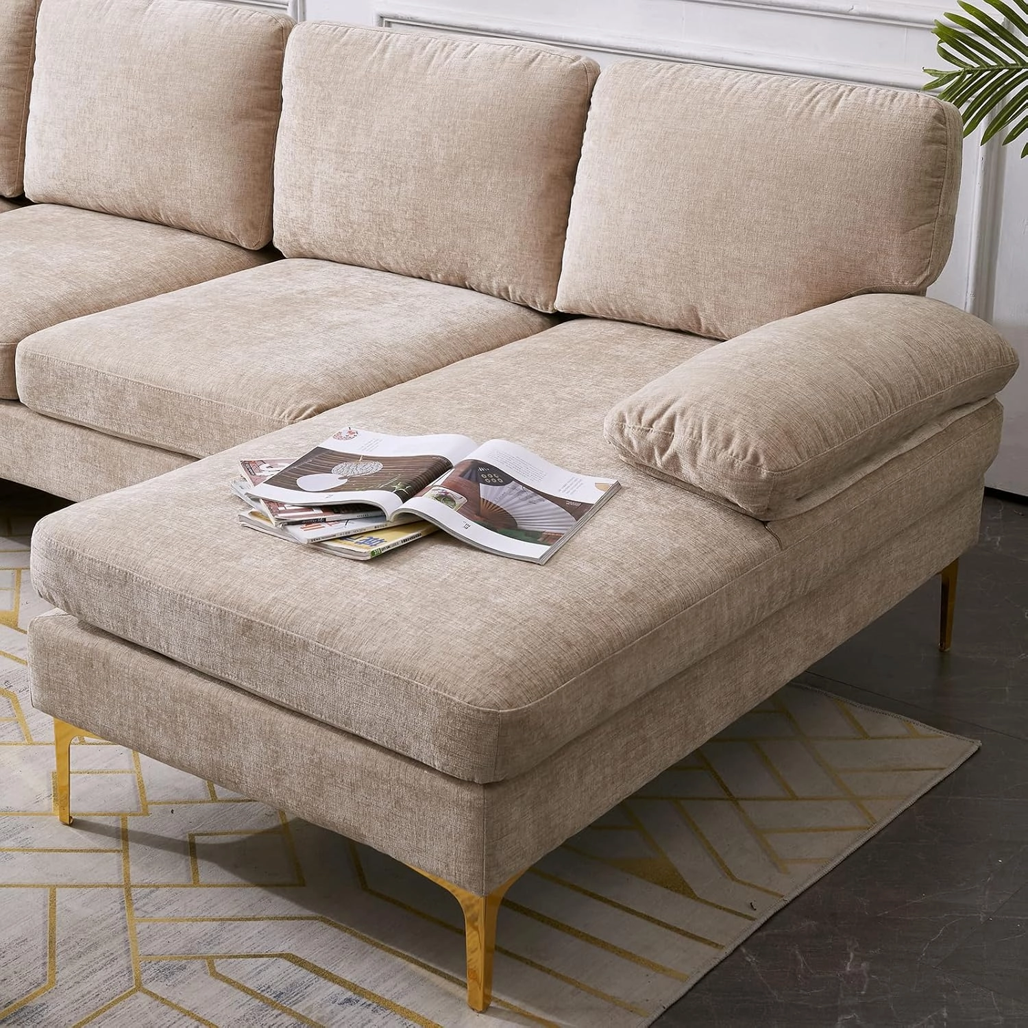 Karl home Convertible Sectional Sofa 110" U-Shape Sofa Couch 4-Seat Couch with Chaise ChenilleFabric Upholstered for Living Room, Apartment, Office, Camel