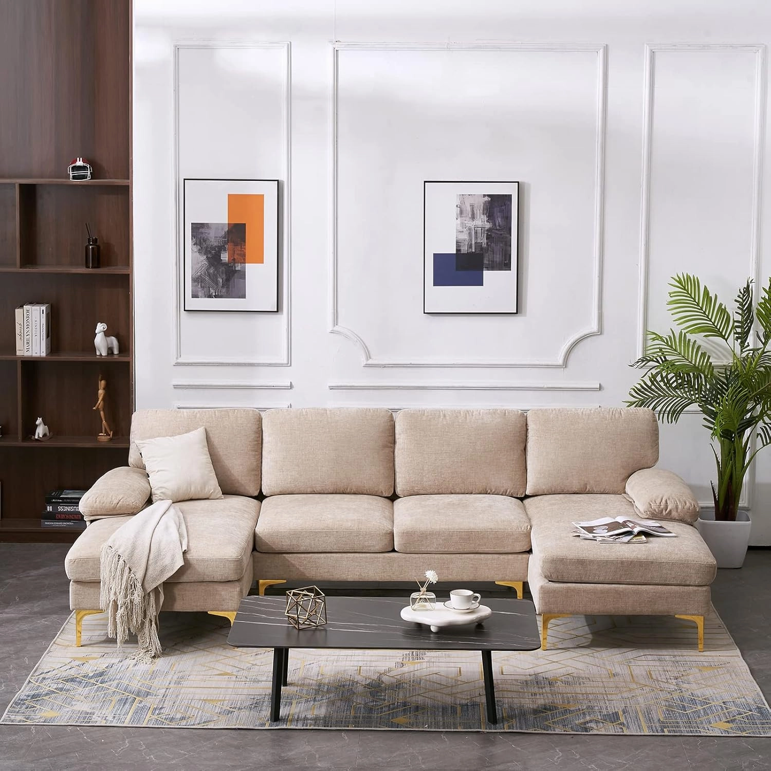 Karl home Convertible Sectional Sofa 110" U-Shape Sofa Couch 4-Seat Couch with Chaise ChenilleFabric Upholstered for Living Room, Apartment, Office, Camel