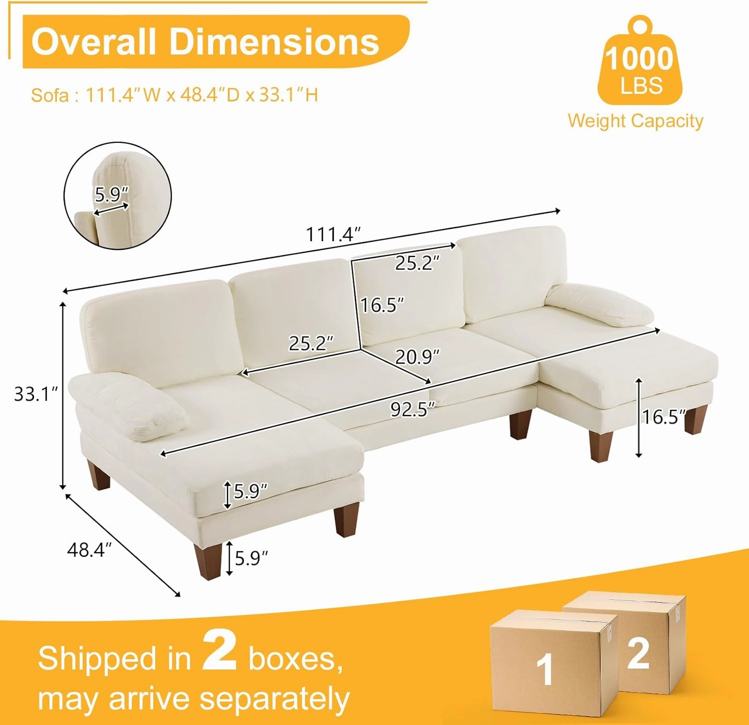 Karl home U-Shape Sectional Sofa Couch 111" Modern 4-Seat Sofa with Chaises Chenille Fabric Upholstered Covertible Couch with Wood Grain Legs for Living Room, Reception Room, Apartment, Beige