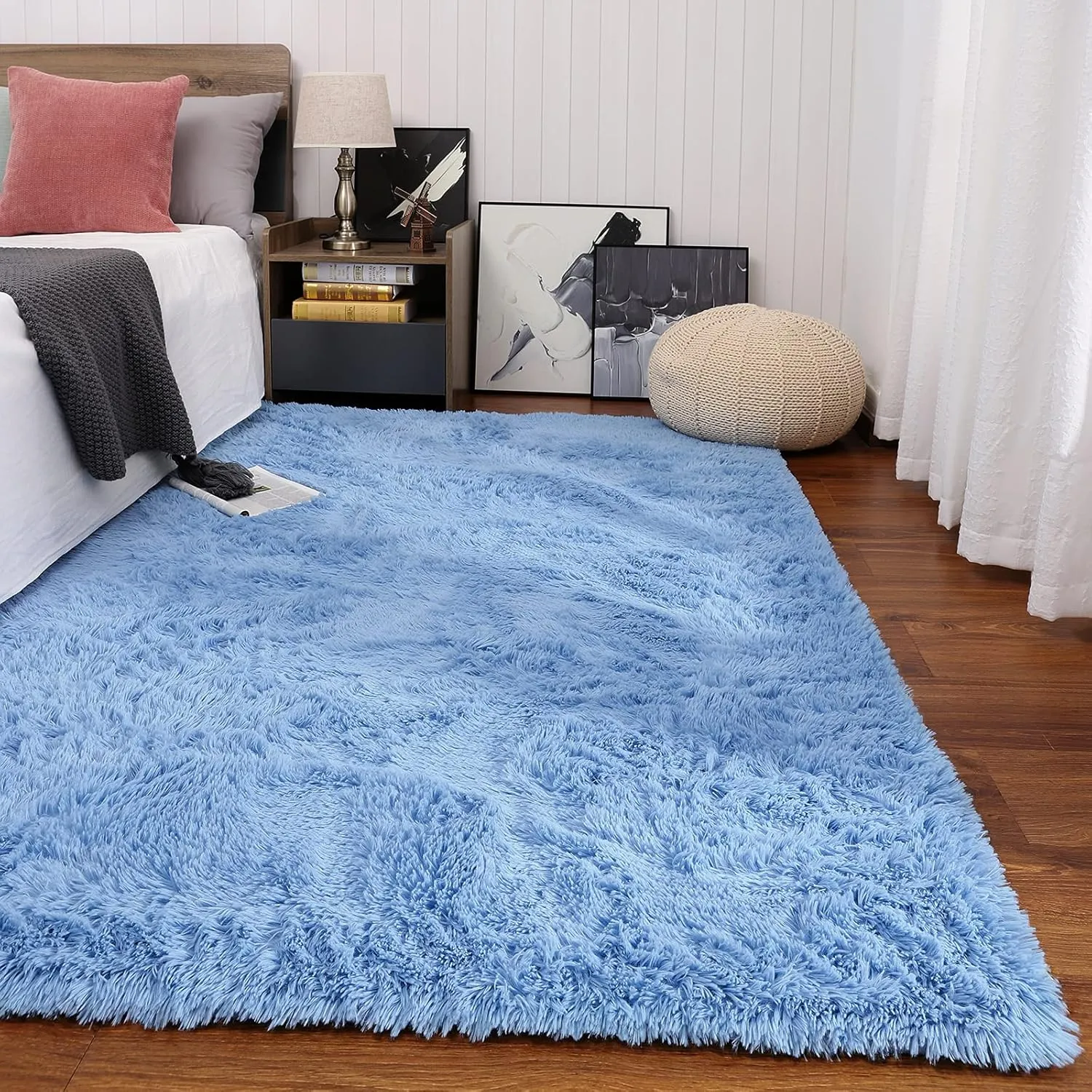 Keeko Fluffy Blue Area Rugs for Bedroom Kids Room, 4x5.3 Cute Shag Fuzzy Baby Rugs Living Room Ultra Soft Furry Carpet Indoor Bedside Rug for Teen Boys Girls Nursery Dorm Decor