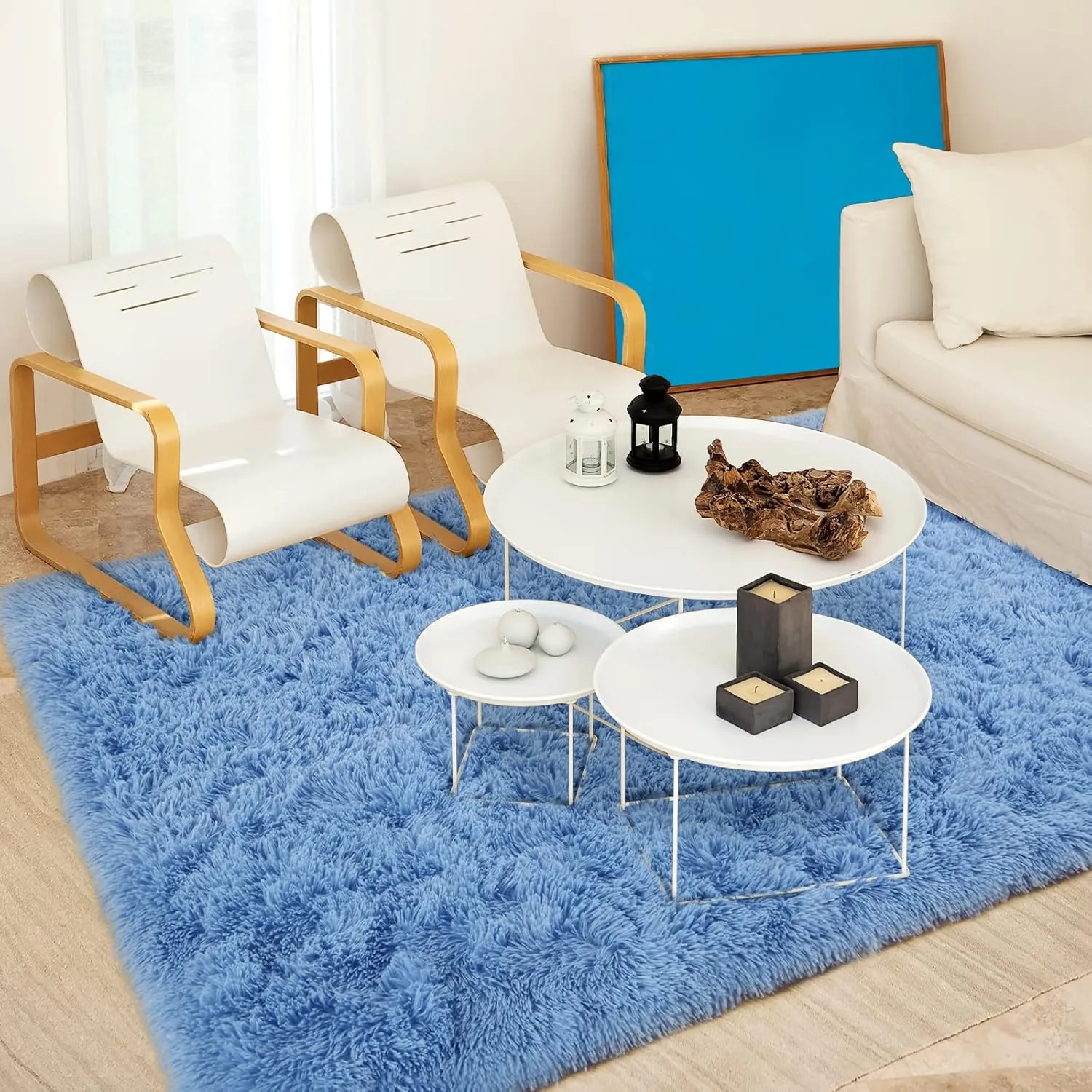 Keeko Fluffy Blue Area Rugs for Bedroom Kids Room, 4x5.3 Cute Shag Fuzzy Baby Rugs Living Room Ultra Soft Furry Carpet Indoor Bedside Rug for Teen Boys Girls Nursery Dorm Decor
