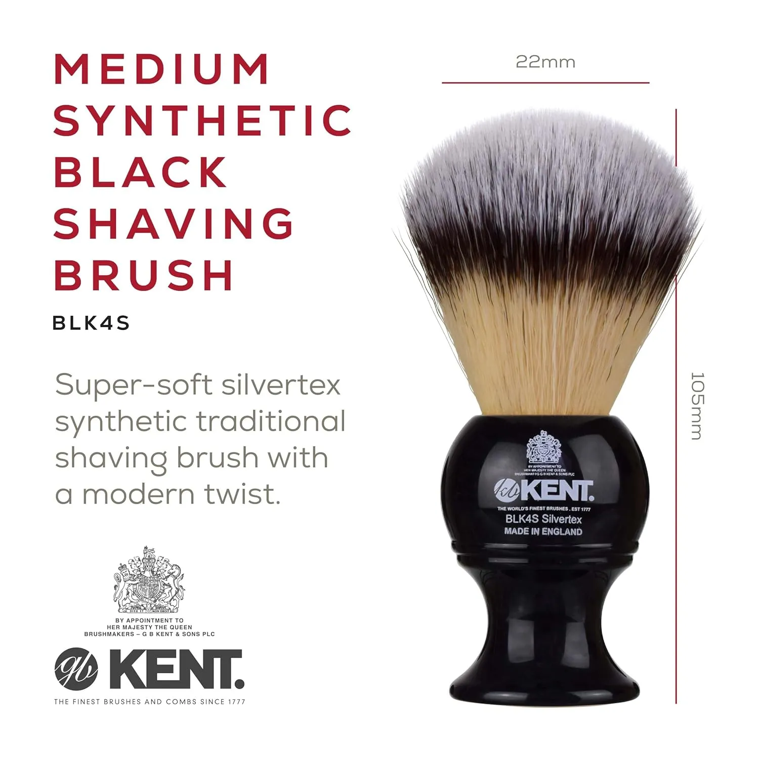 Kent BLK4S Shaving Brush with Ultra-Soft Silvertext Synthetic Bristles and Black Resin Handle to use with Shave Cream or Soap for a Perfect Lather. Luxury Shaving Since 1777, Made in England