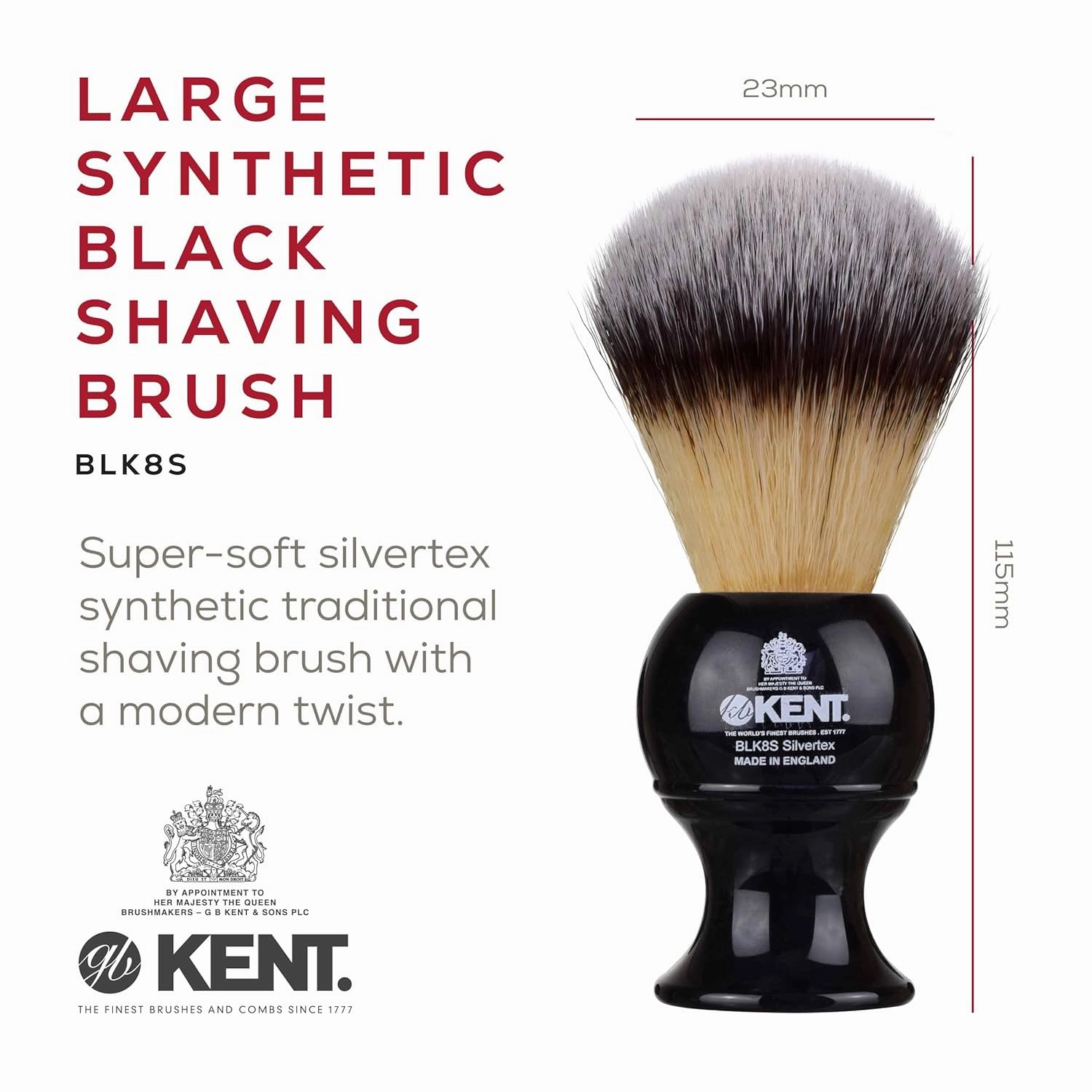 Kent BLK8S Shaving Brush with Ultra-Soft Silvertext Synthetic Bristles and Black Resin Handle to use with Shave Cream or Soap for a Perfect Lather. Luxury Shaving Since 1777, Made in England