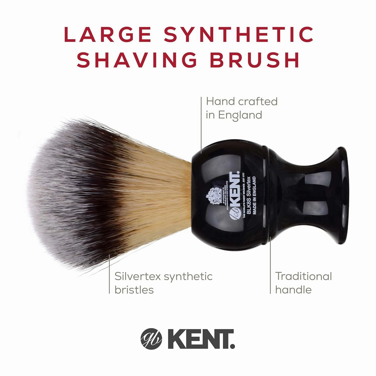 Kent BLK8S Shaving Brush with Ultra-Soft Silvertext Synthetic Bristles and Black Resin Handle to use with Shave Cream or Soap for a Perfect Lather. Luxury Shaving Since 1777, Made in England