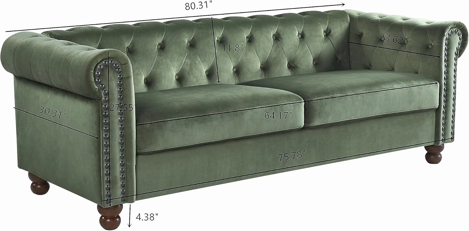 kevinplus 80'' Chesterfield Sofa Couch for Living Room, Classic Modern 3-Seat Upholstered Tufted Rolled Arm Fabric Sofa Couch for Apartment Bedroom Office, Solid Wood Leg, Green