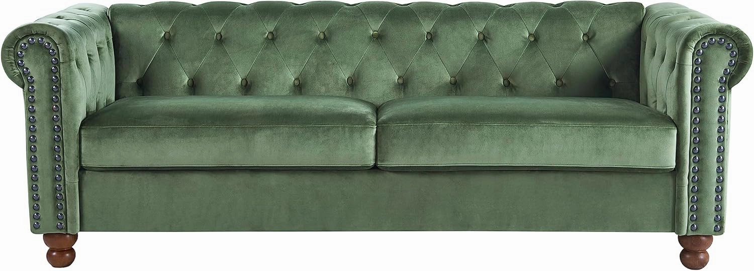 kevinplus 80'' Chesterfield Sofa Couch for Living Room, Classic Modern 3-Seat Upholstered Tufted Rolled Arm Fabric Sofa Couch for Apartment Bedroom Office, Solid Wood Leg, Green