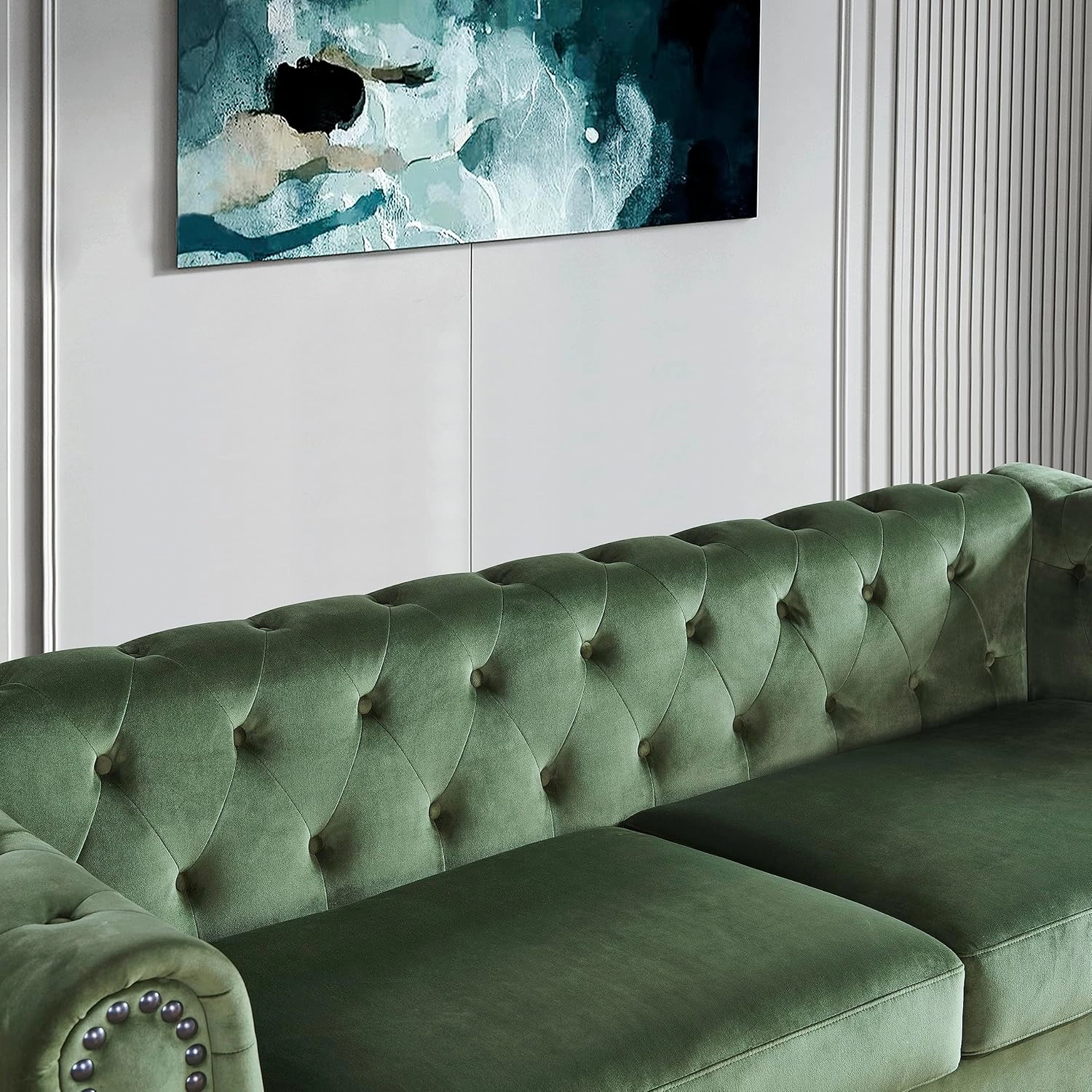 kevinplus 80'' Chesterfield Sofa Couch for Living Room, Classic Modern 3-Seat Upholstered Tufted Rolled Arm Fabric Sofa Couch for Apartment Bedroom Office, Solid Wood Leg, Green