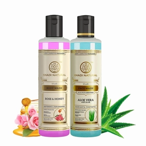 Kh.adi Nat.ural Aloe Vera Face Wash with Scrub & Rose & Honey Body Wash | For Younger-Looking Skin |Improves Complexion| Paraben & SLS Free | 210 ml each