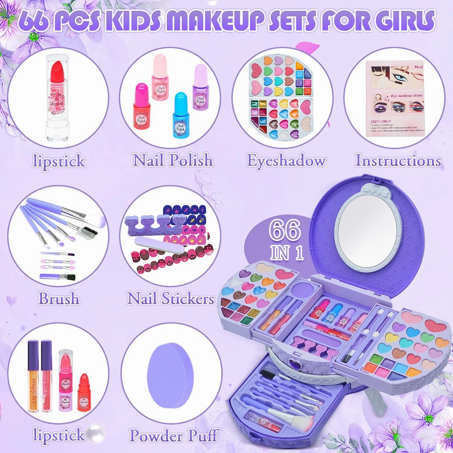 Kids Makeup Sets for Girls - Washable and Safe Makeup for Kids with Dresser Vanity Case, Girls Makeup Sets Ages 3-12, Christmas Birthday Gifts Toys for 4 5 6 7 8 9 Year Old Girl(Purple)