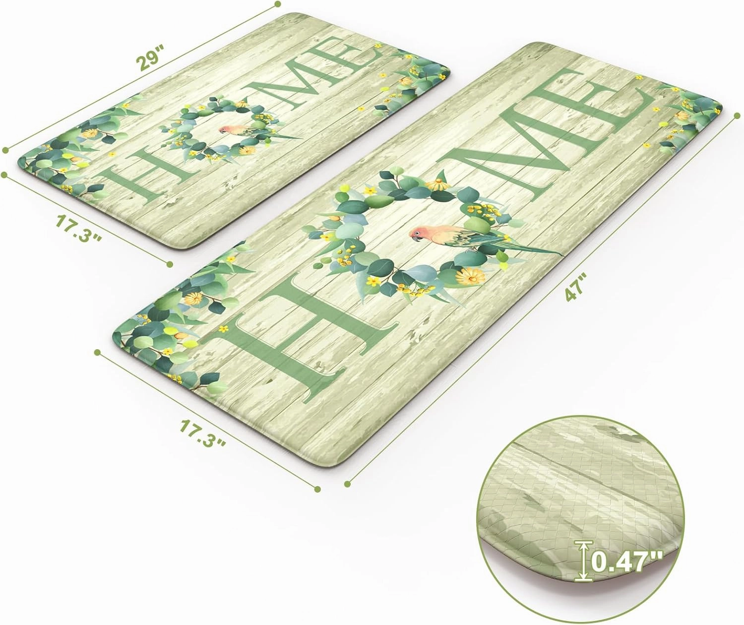 KIMODE Anti Fatigue Kitchen Mats for Floor 2 Piece,Farmhouse Spring Rugs Non Slip,Cushioned Memory Foam Carpet for Sink Laundry Office Bathroom,Green 17"x47" 17"x29"