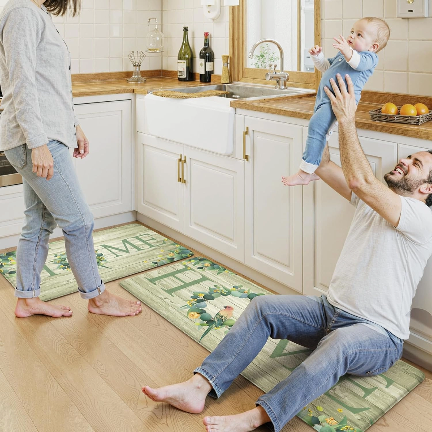 KIMODE Anti Fatigue Kitchen Mats for Floor 2 Piece,Farmhouse Spring Rugs Non Slip,Cushioned Memory Foam Carpet for Sink Laundry Office Bathroom,Green 17"x47" 17"x29"